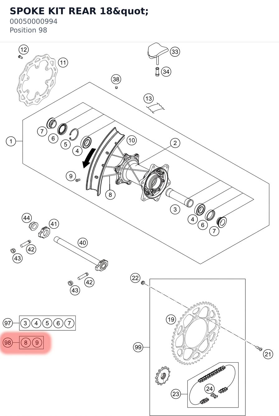Diagram preview: SPOKE KIT REAR 18" (00050000994)