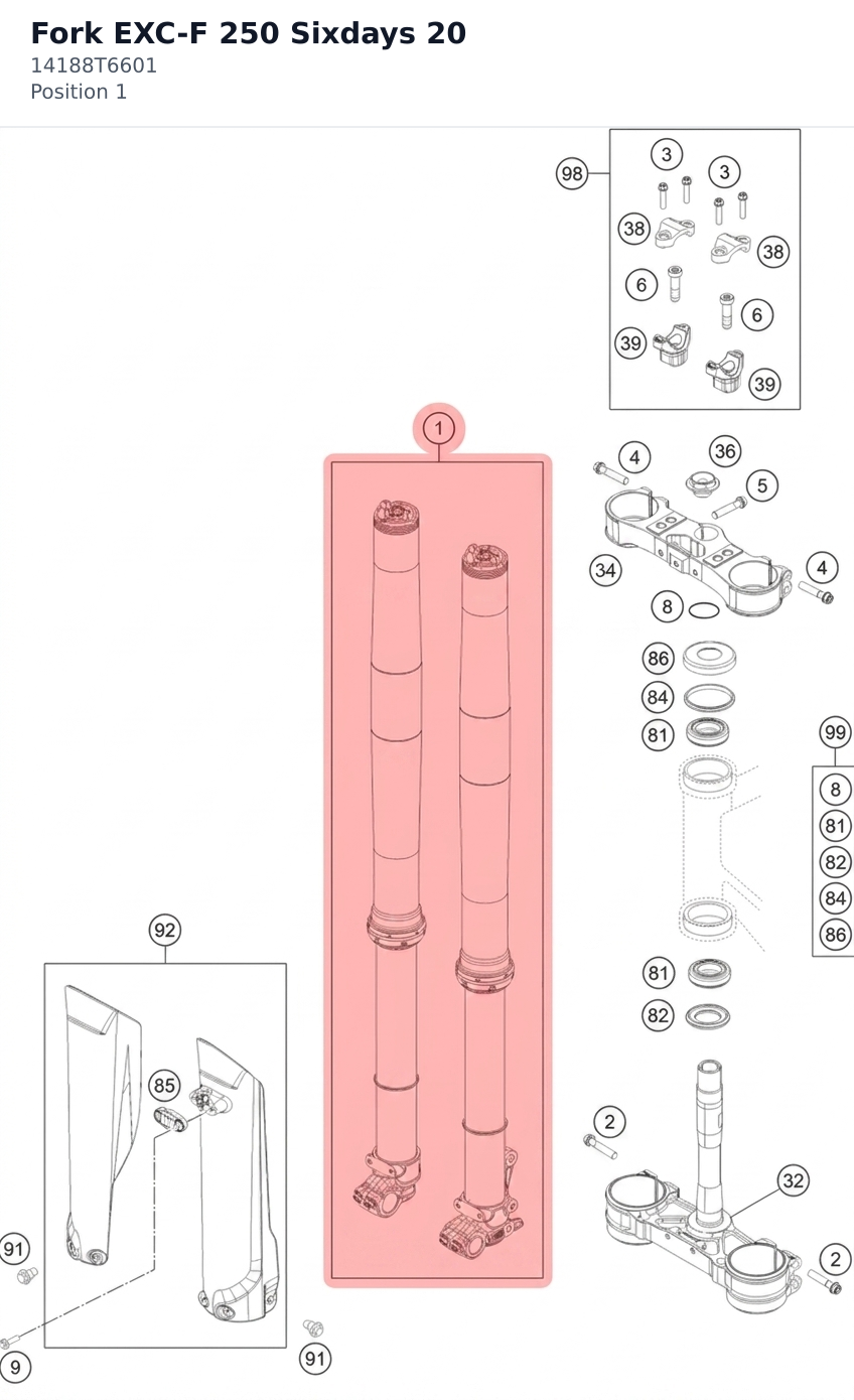 Diagram preview: Fork EXC-F 250 Sixdays 20 (14188T6601)