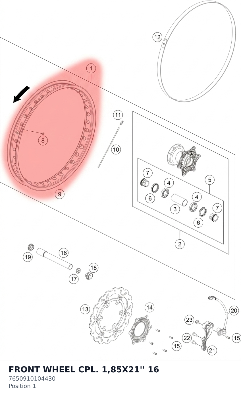 Diagram preview: FRONT WHEEL CPL. 1,85X21'' 16 (7650910104430)