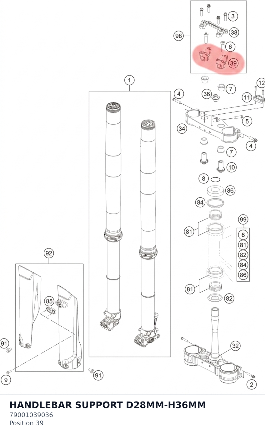 Diagram preview: HANDLEBAR SUPPORT D28MM-H36MM (79001039036)