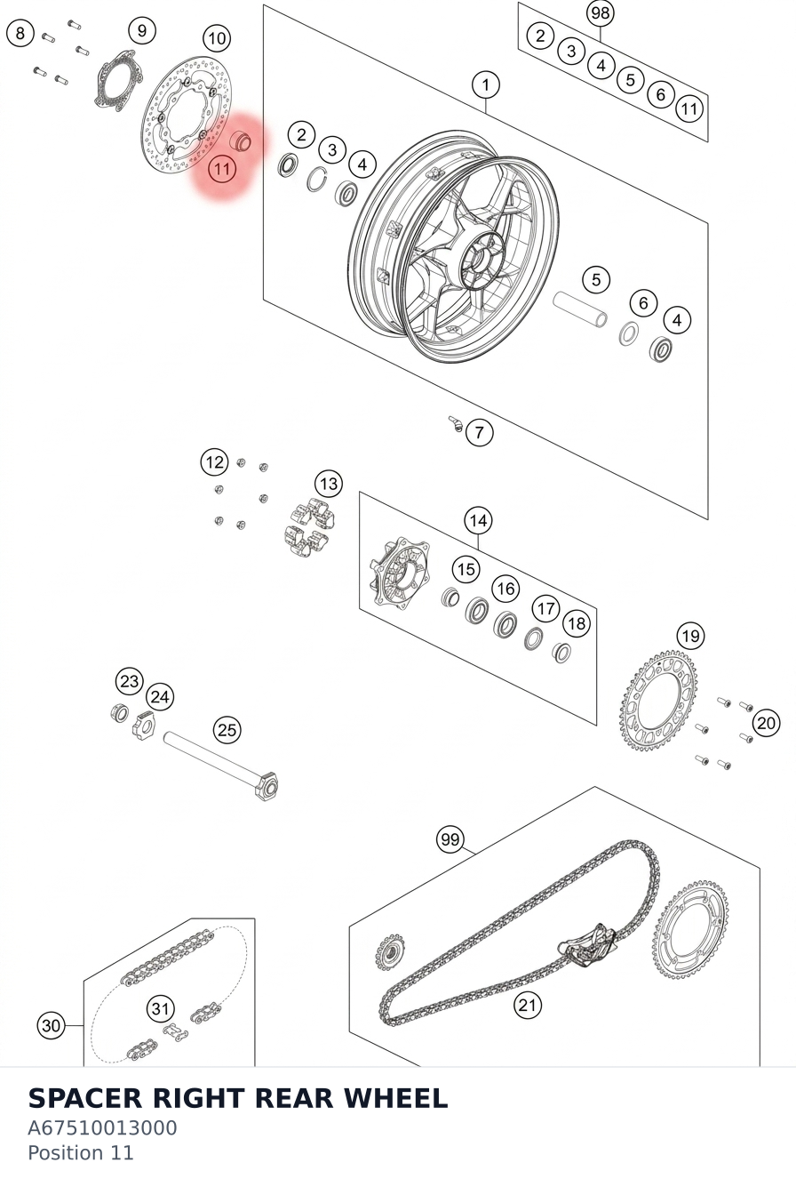 Diagram preview: SPACER RIGHT REAR WHEEL (A67510013000)