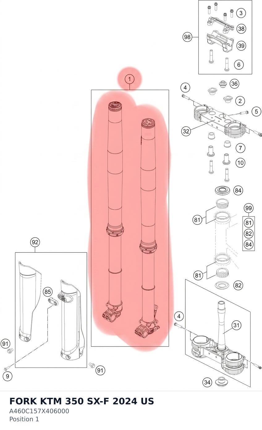 Diagram preview: FORK KTM 350 SX-F 2024 US (A460C157X406000)