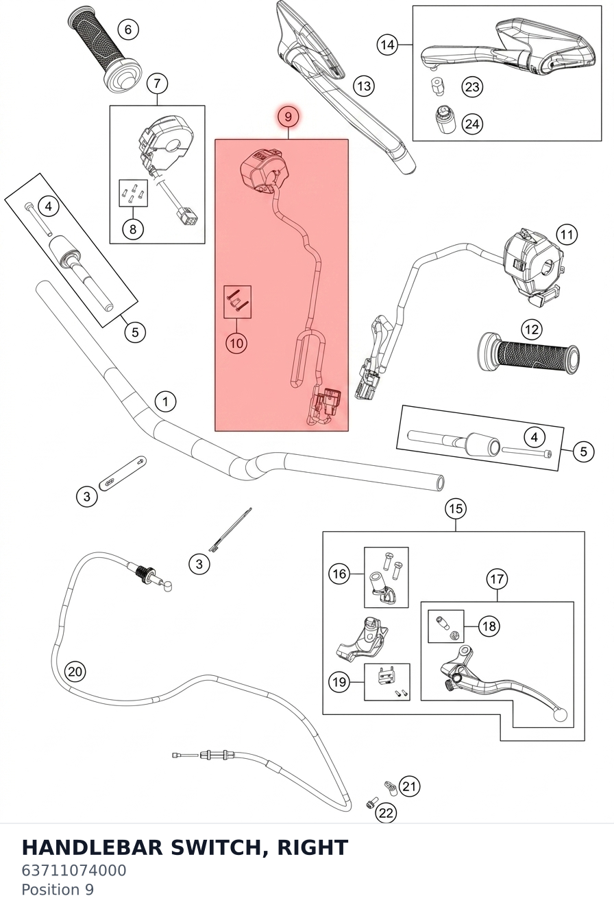 Diagram preview: HANDLEBAR SWITCH, RIGHT (63711074000)