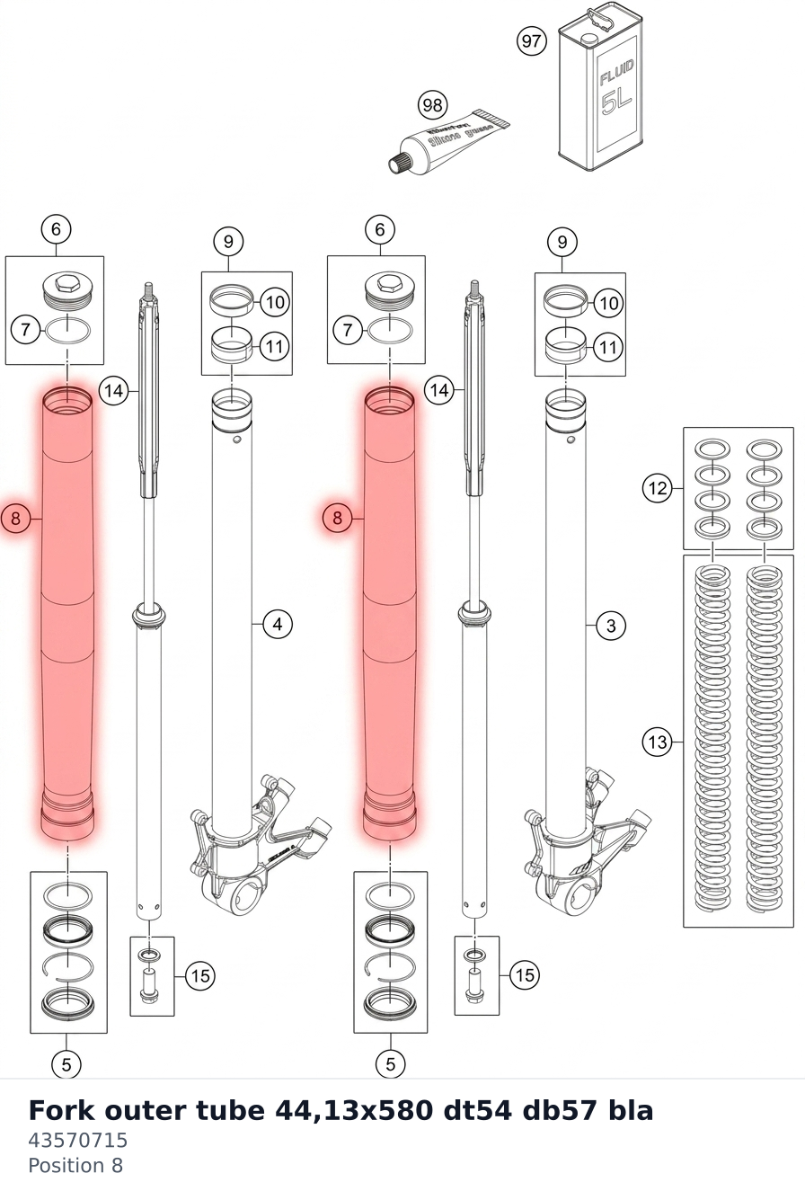 Diagram preview: Fork outer tube 44,13x580 dt54 db57 bla (43570715)