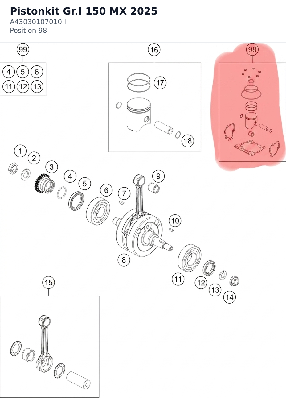 Diagram preview: Pistonkit Gr.I 150 MX 2025 (A43030107010 I)