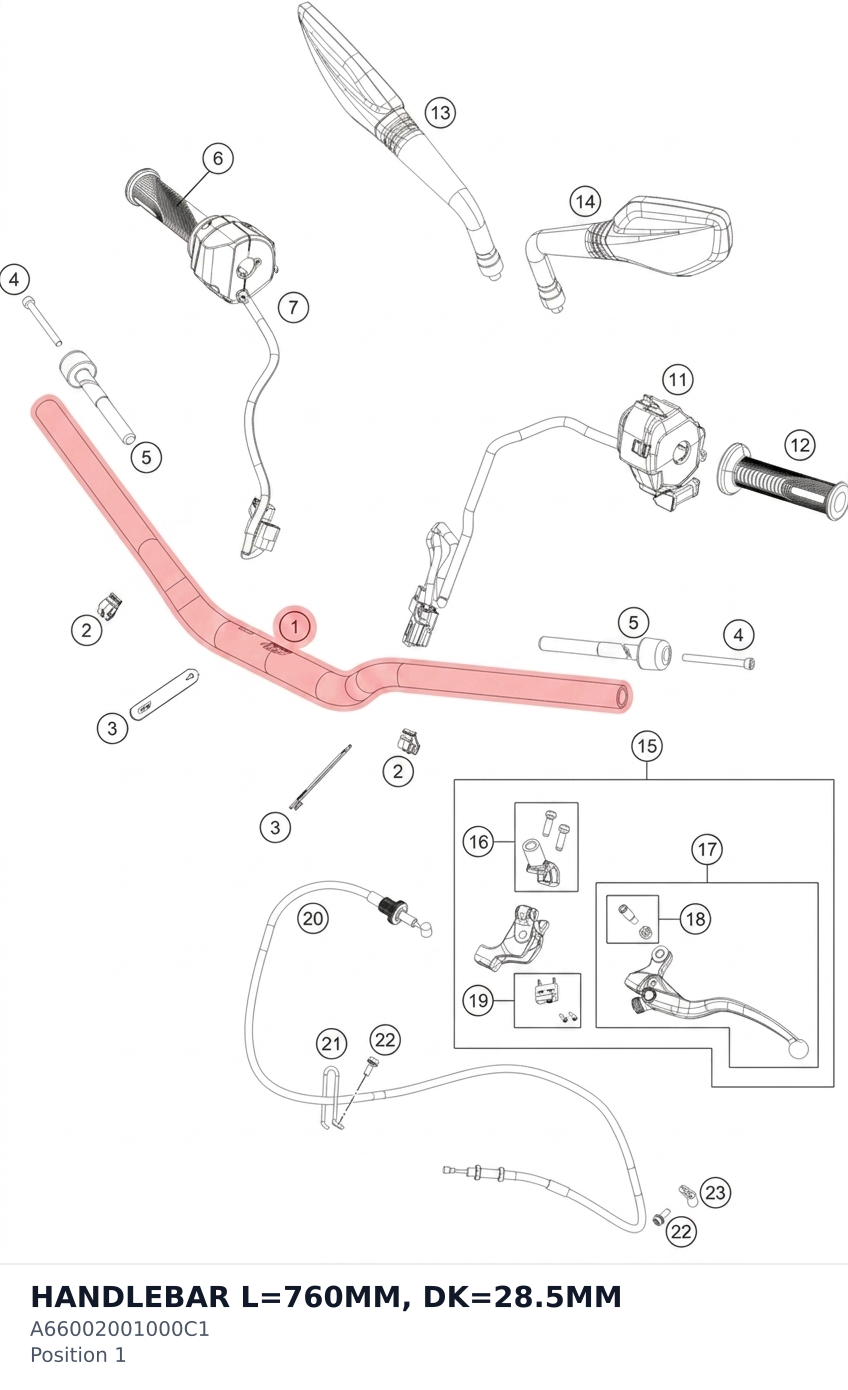 Diagram preview: HANDLEBAR L=760MM, DK=28.5MM (A66002001000C1)