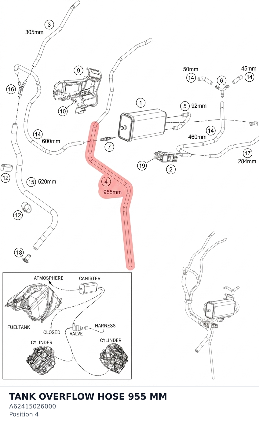 Diagram preview: TANK OVERFLOW HOSE 955 MM (A62415026000)