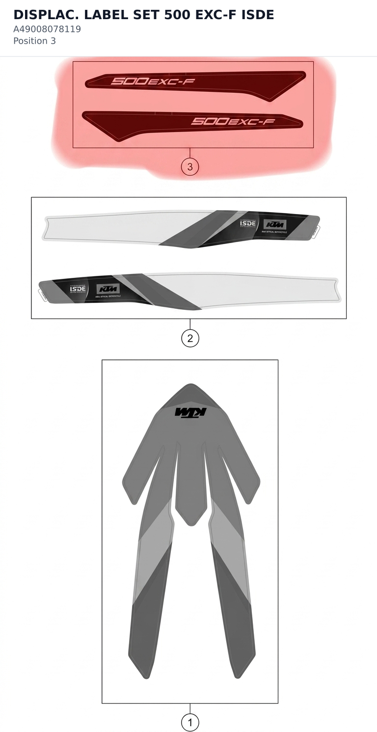 Diagram preview: DISPLAC. LABEL SET 500 EXC-F ISDE (A49008078119)