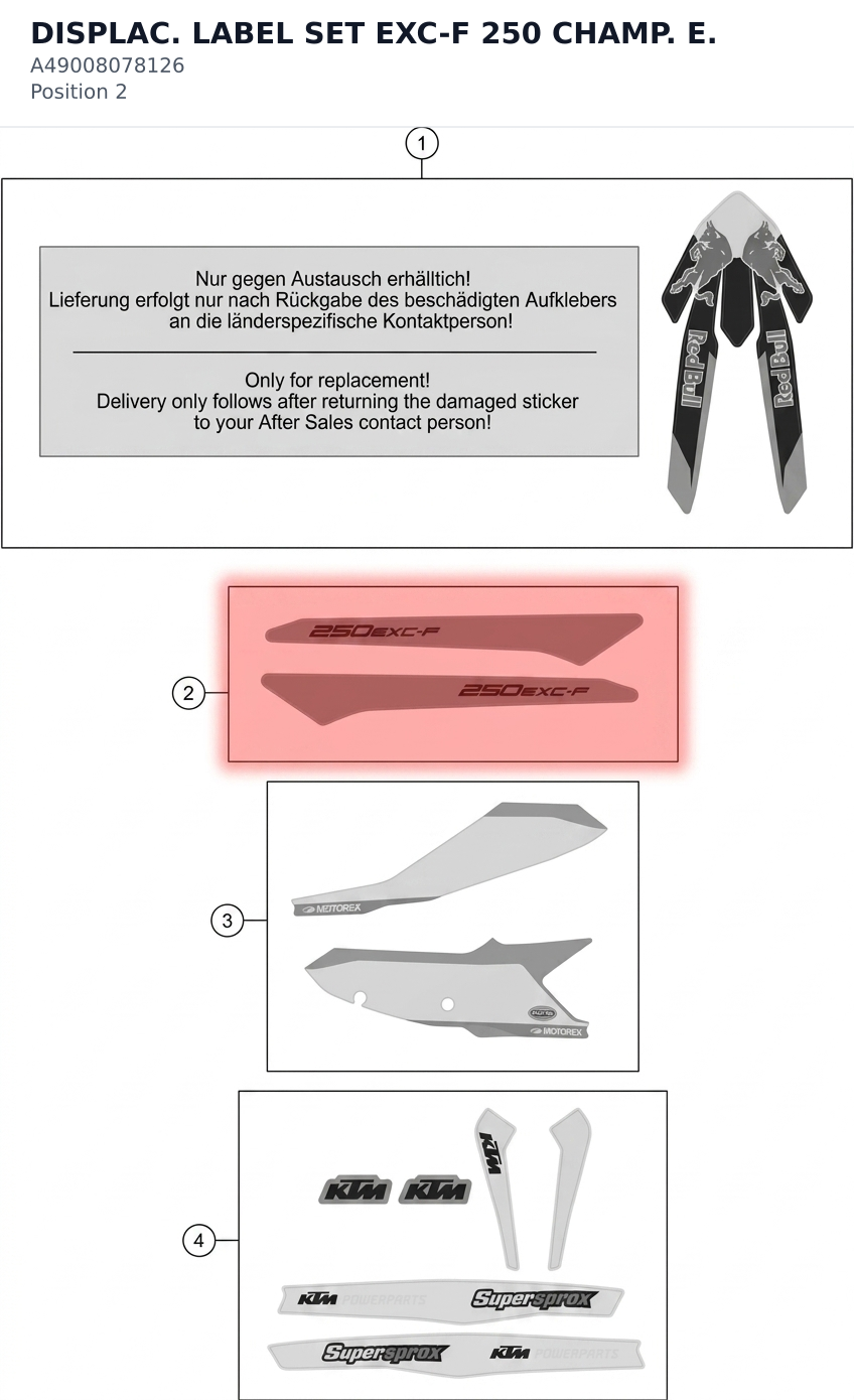 Diagram preview: DISPLAC. LABEL SET EXC-F 250 CHAMP. E. (A49008078126)