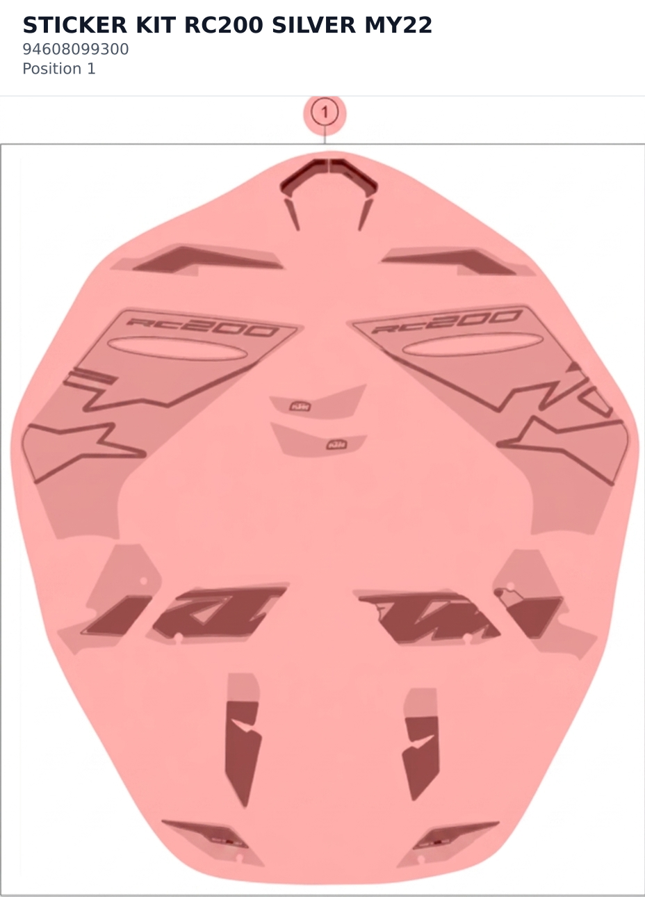 Diagram preview: STICKER KIT RC200 SILVER MY22 (94608099300)
