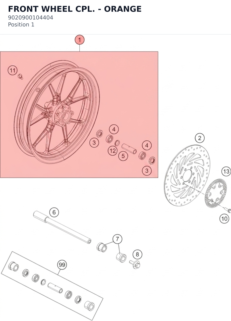 Diagram preview: FRONT WHEEL CPL. - ORANGE (9020900104404)