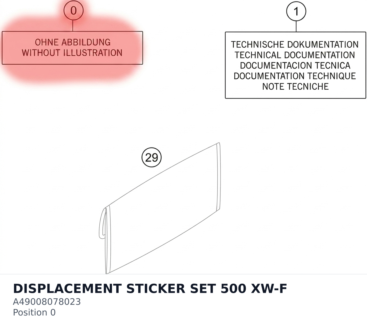 Diagram preview: DISPLACEMENT STICKER SET 500 XW-F (A49008078023)