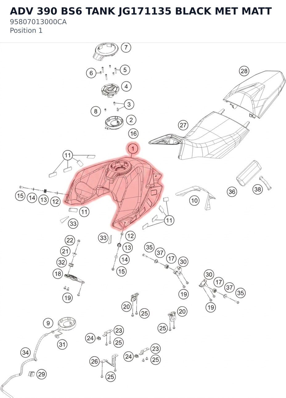 Diagram preview: ADV 390 BS6 TANK JG171135 BLACK MET MATT (95807013000CA)