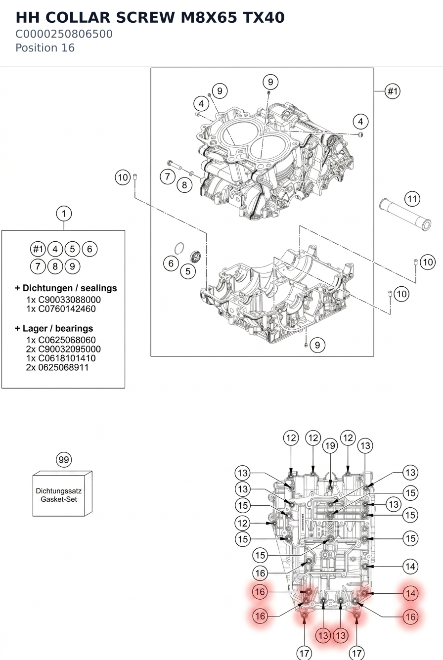 Diagram preview: HH COLLAR SCREW M8X65 TX40 (C0000250806500)