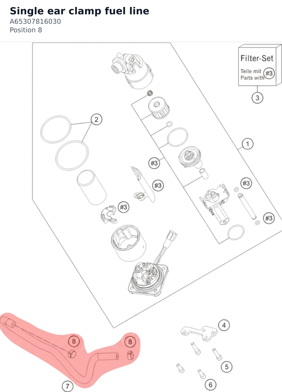 Diagram preview: Single ear clamp fuel line (A65307816030)