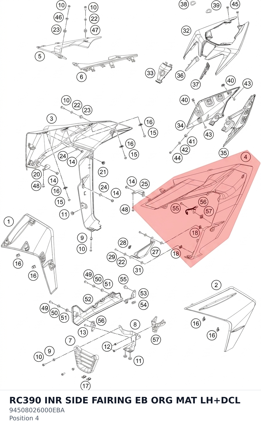 Diagram preview: RC390 INR SIDE FAIRING EB ORG MAT LH+DCL (94508026000EBA)