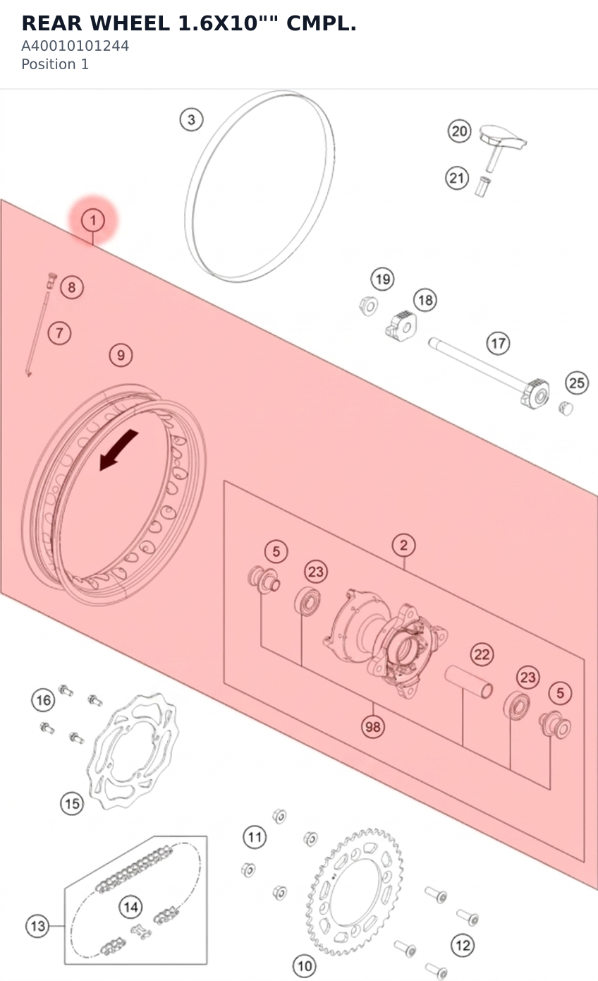 Diagram preview: REAR WHEEL 1.6X10"" CMPL. (A40010101244)