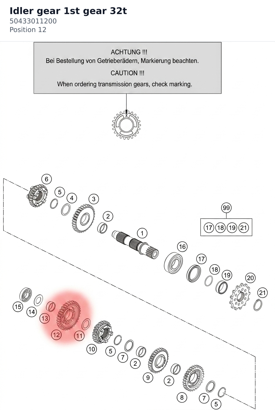 Diagram preview: Idler gear 1st gear 32t (50433011200)
