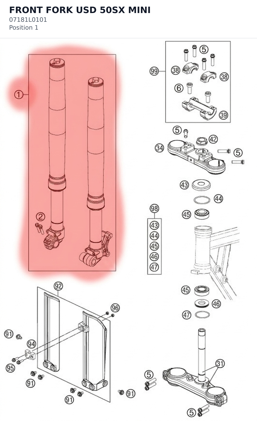 Diagram preview: FRONT FORK USD 50SX MINI (07181L0101)