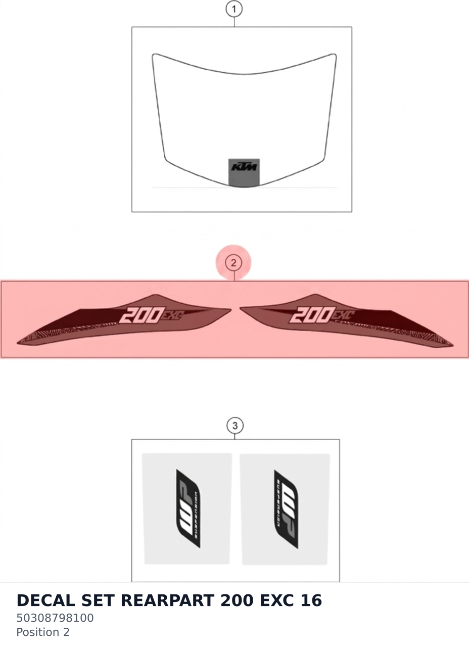 Diagram preview: DECAL SET REARPART 200 EXC 16 (50308798100)