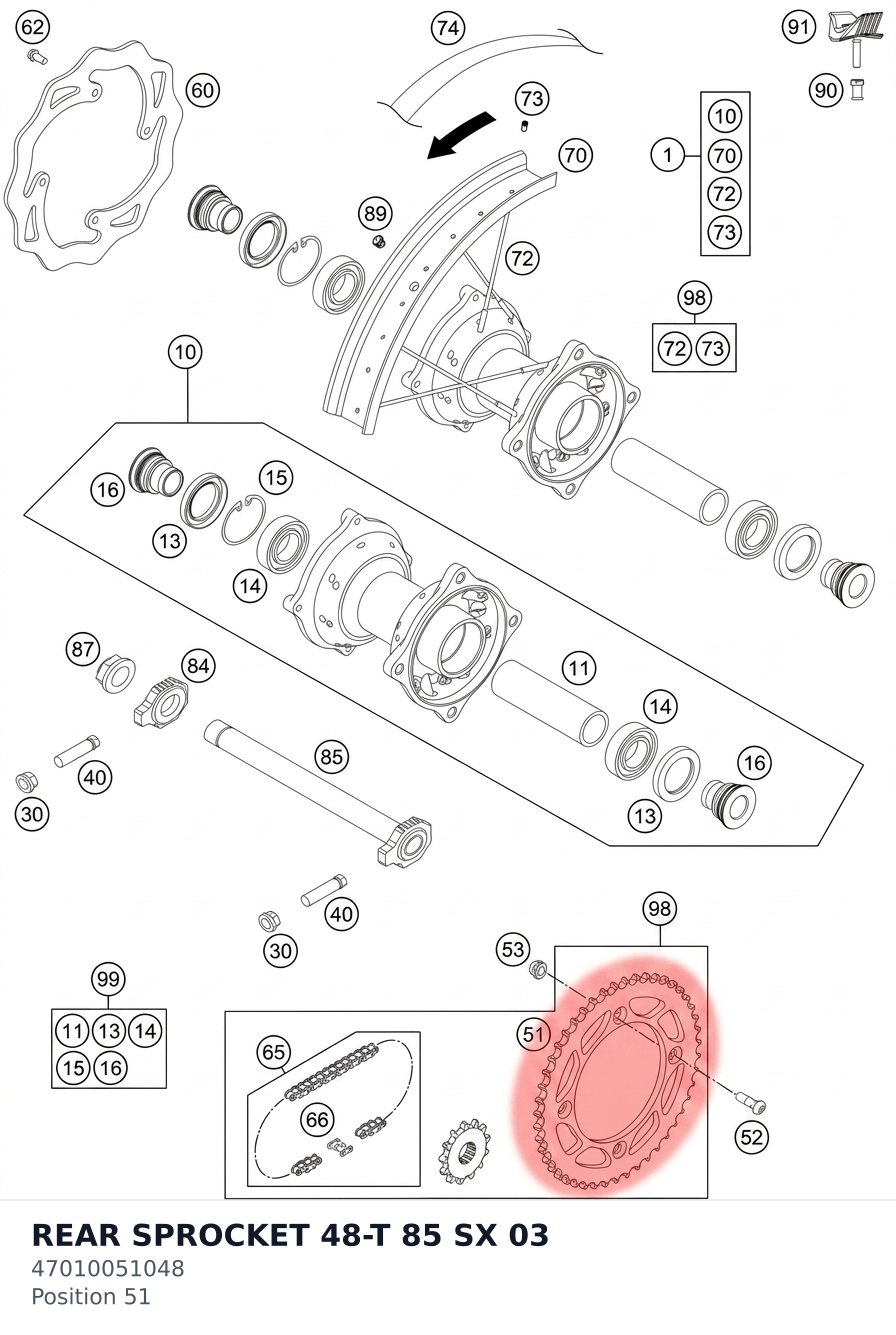 Diagram preview: REAR SPROCKET 48-T 85 SX 03 (47010051048)