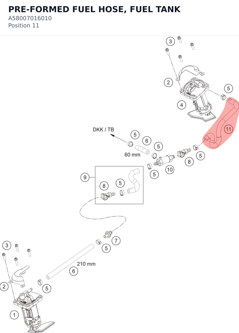 Diagram preview: PRE-FORMED FUEL HOSE, FUEL TANK (A58007016010)