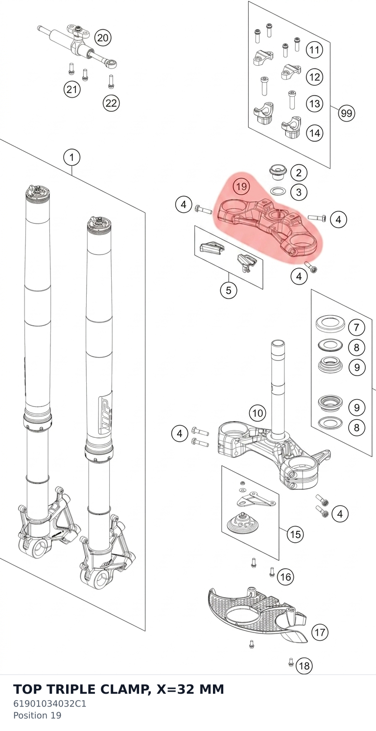 Diagram preview: TOP TRIPLE CLAMP, X=32 MM (61901034032C1)
