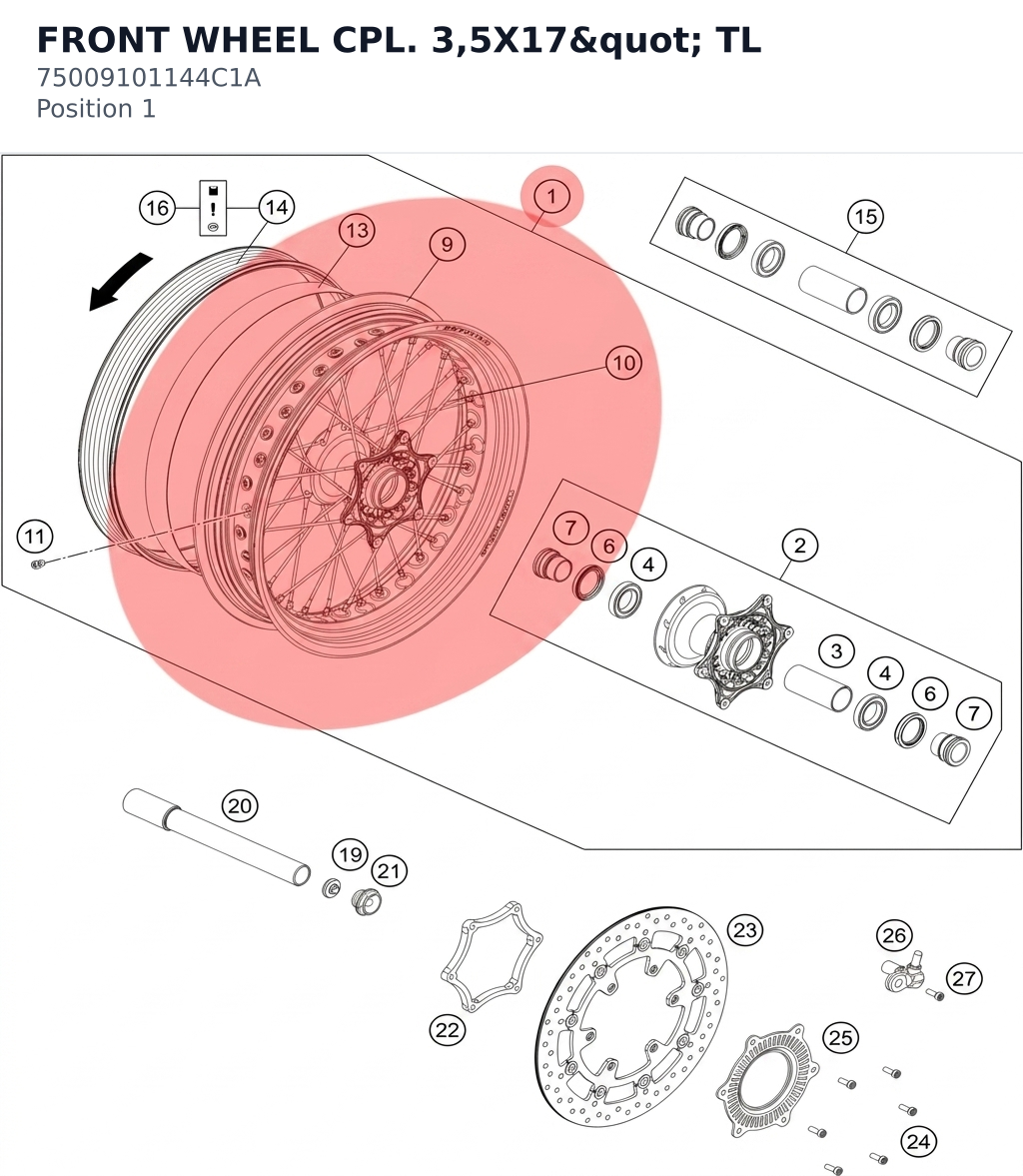Diagram preview: FRONT WHEEL CPL. 3,5X17" TL (75009101144C1A)
