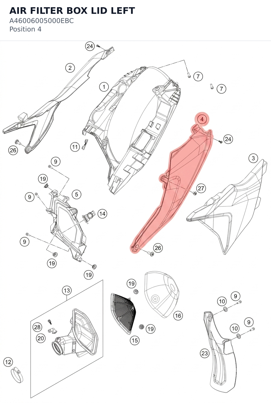 Diagram preview: AIR FILTER BOX LID LEFT (A46006005000EBC)