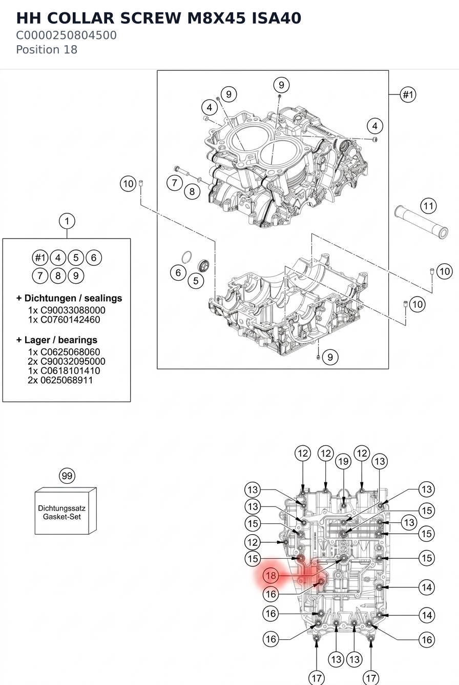 Diagram preview: HH COLLAR SCREW M8X45 ISA40 (C0000250804500)