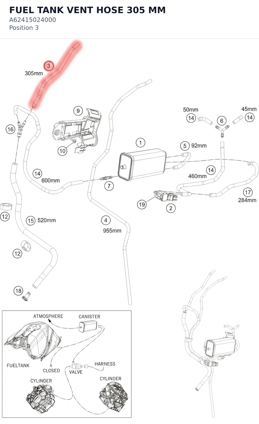 Diagram preview: FUEL TANK VENT HOSE 305 MM (A62415024000)