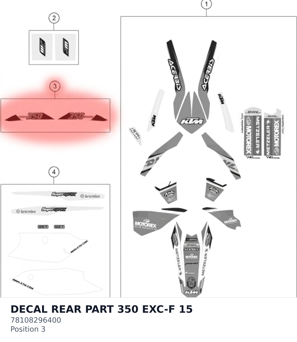 Diagram preview: DECAL REAR PART 350 EXC-F 15 (78108296400)