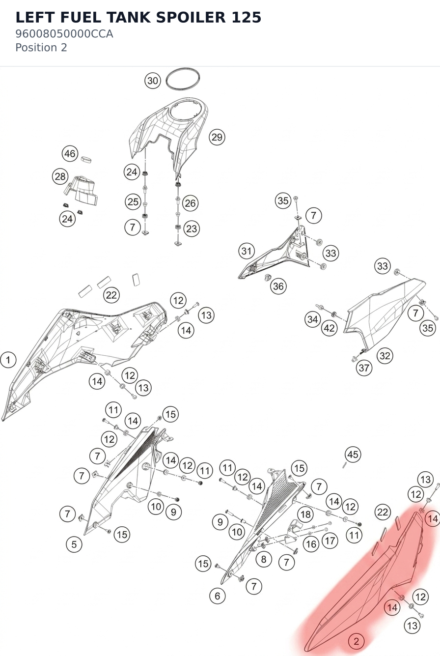 Diagram preview: LEFT FUEL TANK SPOILER 125 (96008050000CCA)
