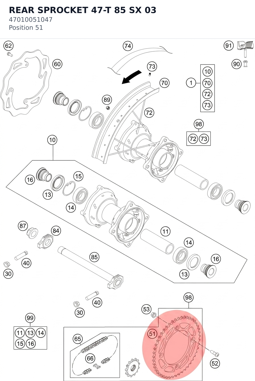 Diagram preview: REAR SPROCKET 47-T 85 SX 03 (47010051047)