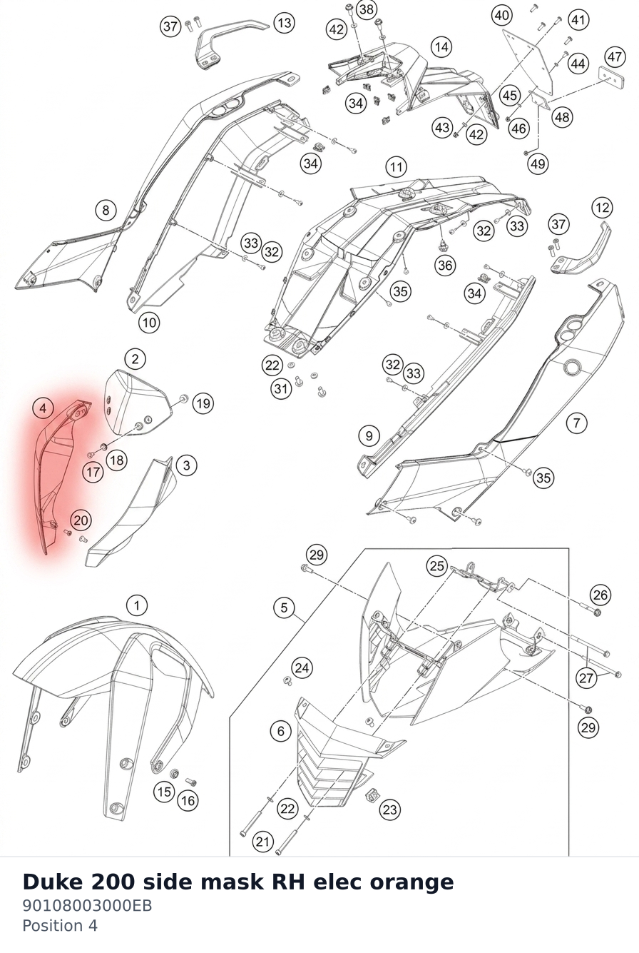 Diagram preview: Duke 200 side mask RH elec orange (90108003000EB)