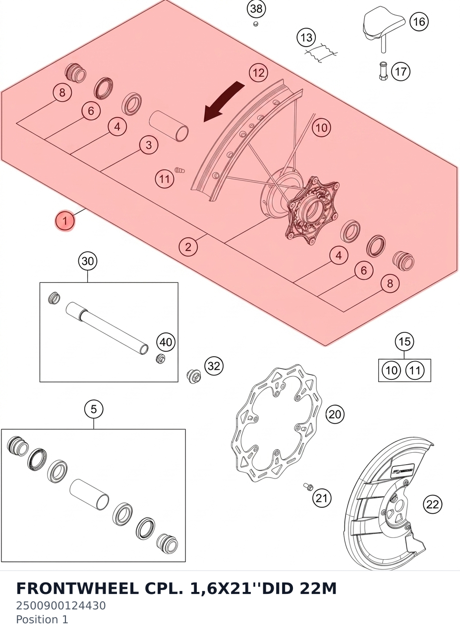 Diagram preview: FRONTWHEEL CPL. 1,6X21''DID 22M (2500900124430)