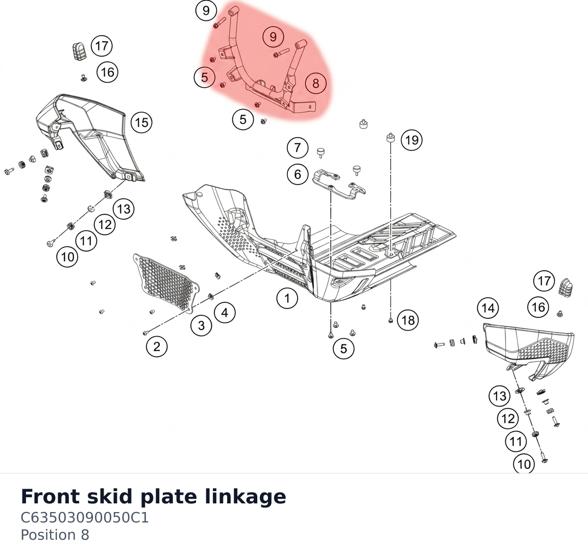 Diagram preview: Front skid plate linkage (C63503090050C1)