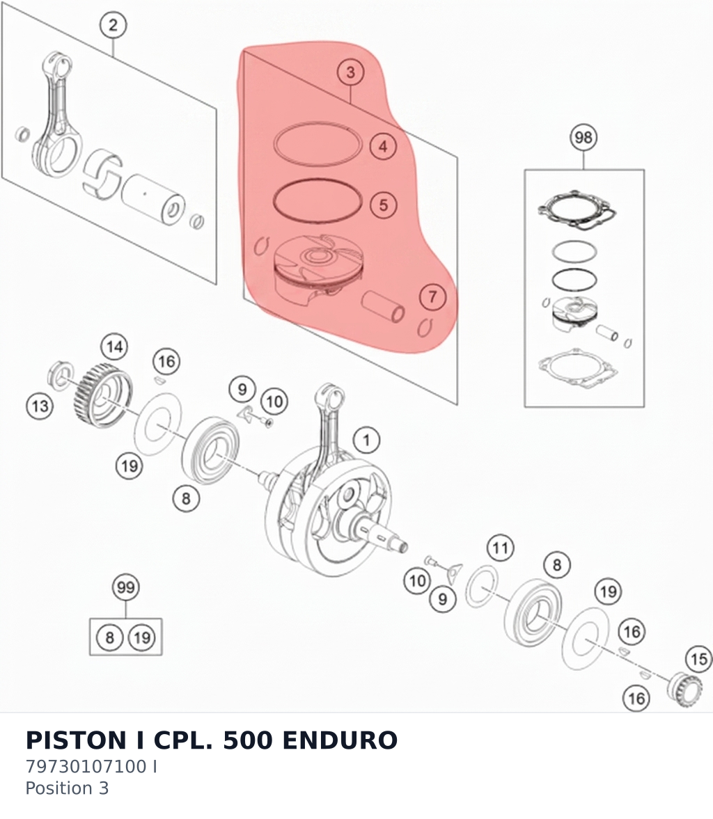 Diagram preview: PISTON I CPL. 500 ENDURO (79730107100 I)