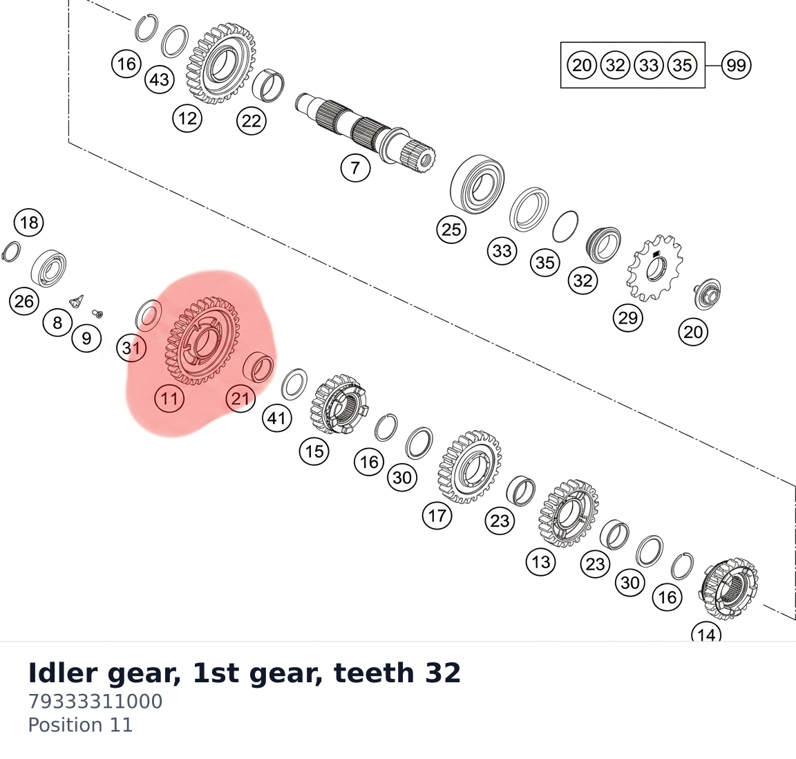 Diagram preview: Idler gear, 1st gear, teeth 32 (79333311000)