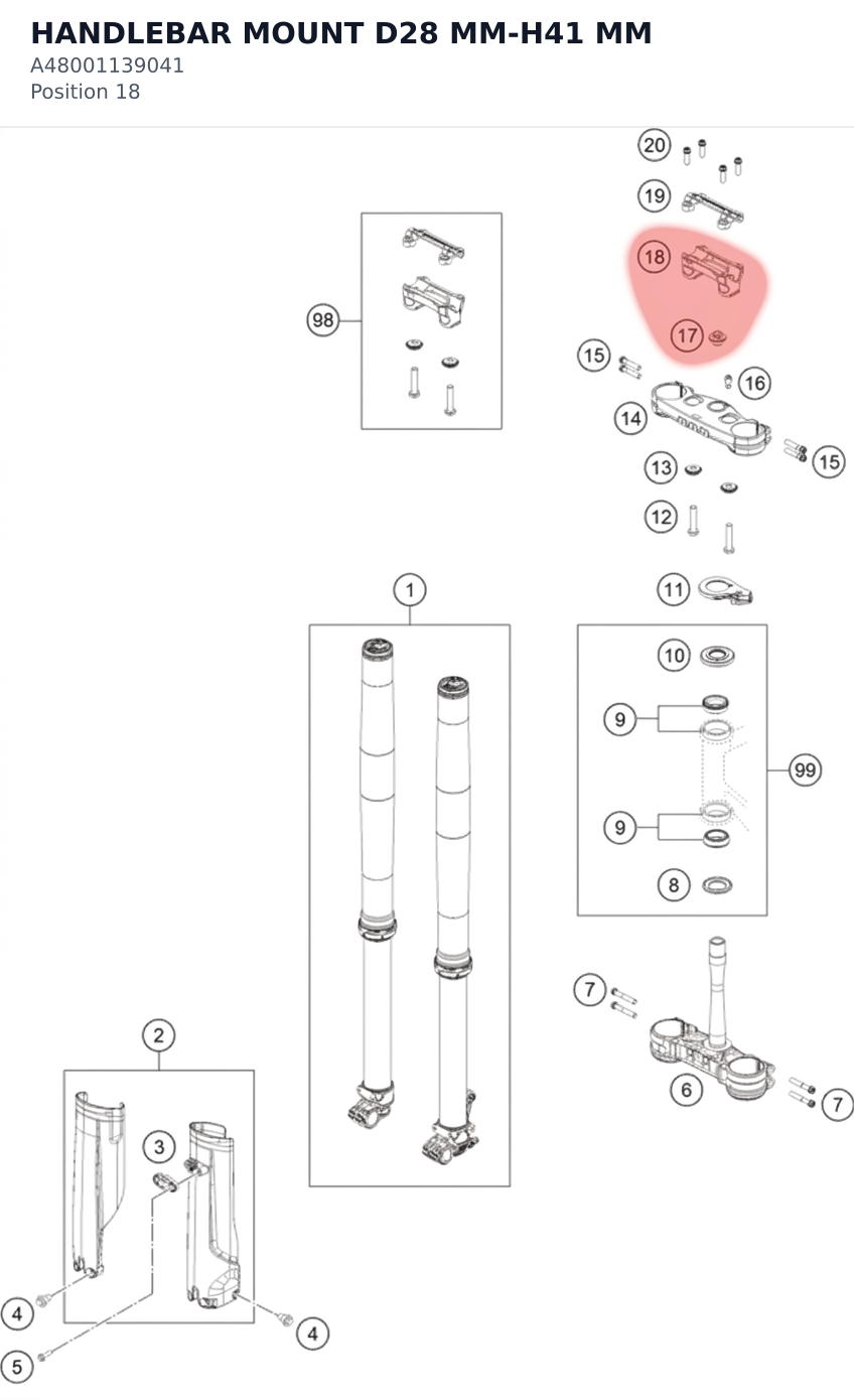 Diagram preview: HANDLEBAR MOUNT D28 MM-H41 MM (A48001139041)