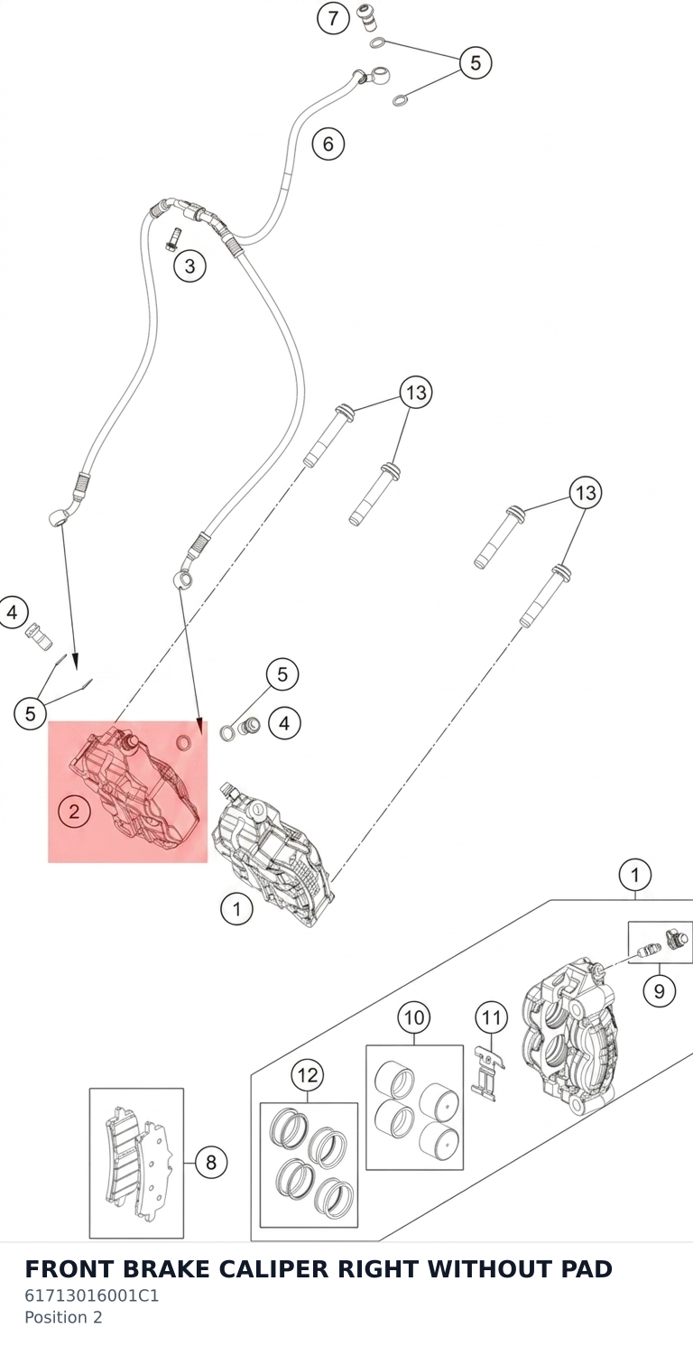 Diagram preview: FRONT BRAKE CALIPER RIGHT WITHOUT PAD (61713016001C1)