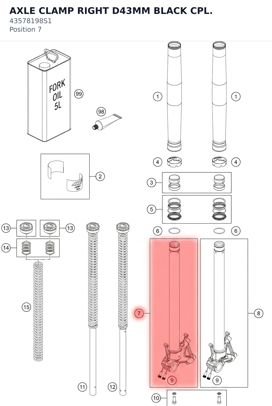 Diagram preview: AXLE CLAMP RIGHT D43MM BLACK CPL. (43578198S1)