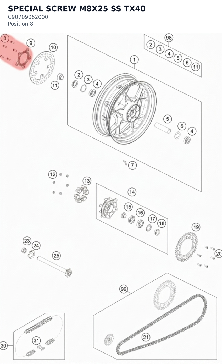 Diagram preview: SPECIAL SCREW M8X25 SS TX40 (C90709062000)