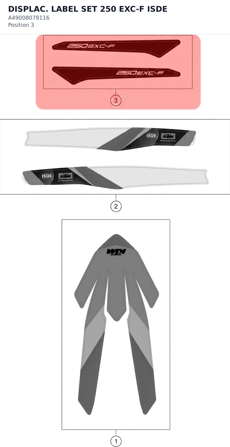 Diagram preview: DISPLAC. LABEL SET 250 EXC-F ISDE (A49008078116)