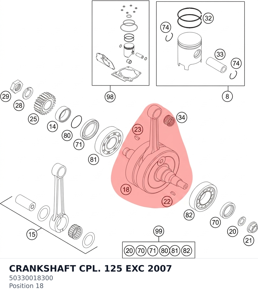 Diagram preview: CRANKSHAFT CPL. 125 EXC 2007 (50330018300)