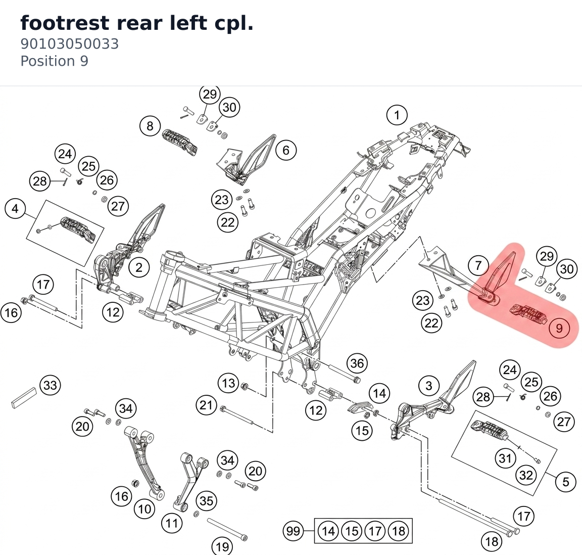 Diagram preview: footrest rear left cpl. (90103050033)