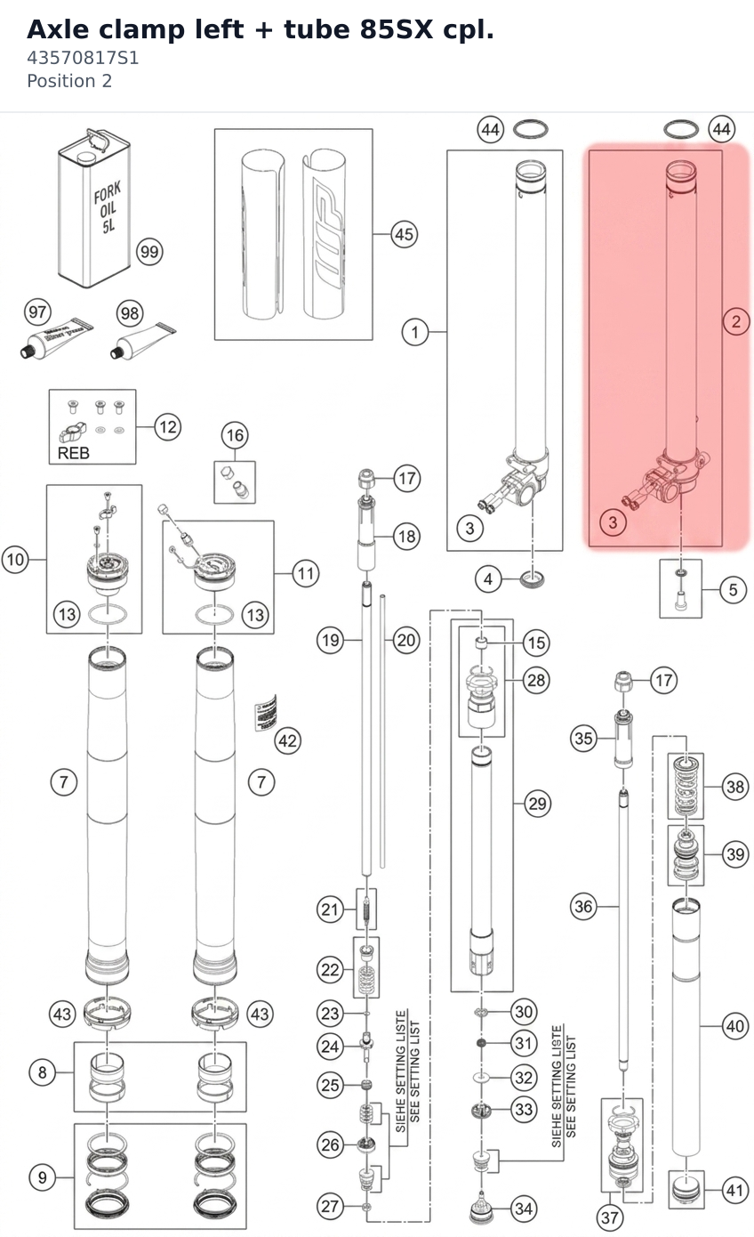 Diagram preview: Axle clamp left + tube 85SX cpl. (43570817S1)