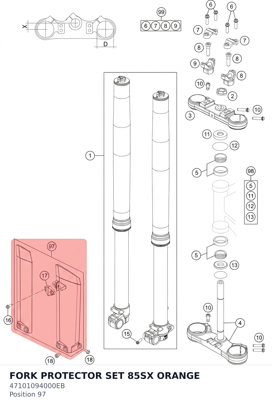 Diagram preview: FORK PROTECTOR SET 85SX ORANGE (47101094000EB)