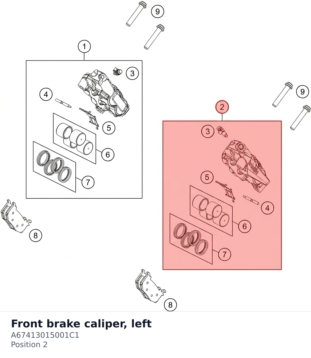 Diagram preview: Front brake caliper, left (A67413015001C1)