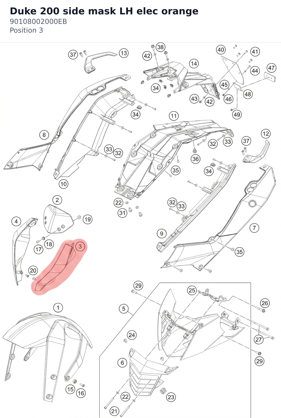 Diagram preview: Duke 200 side mask LH elec orange (90108002000EB)